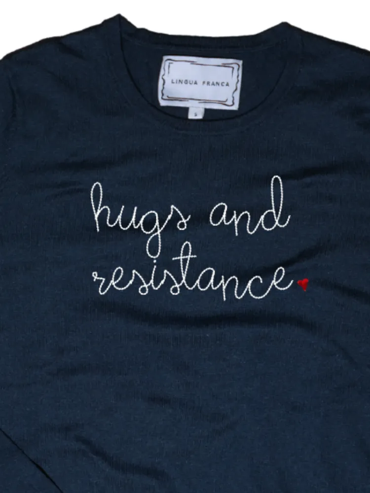 "hugs and resistance" Mara Crewneck sold by Lingua Franca NYC