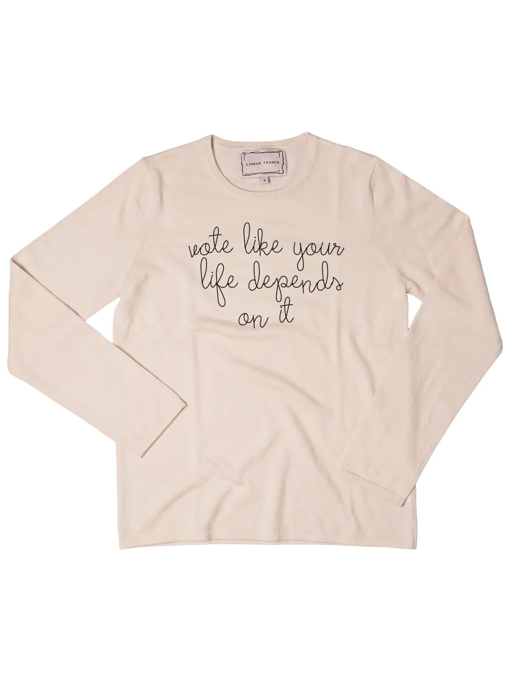 "vote like your life depends on it" Mara Crewneck sold by Lingua Franca NYC product image thumbnail 3
