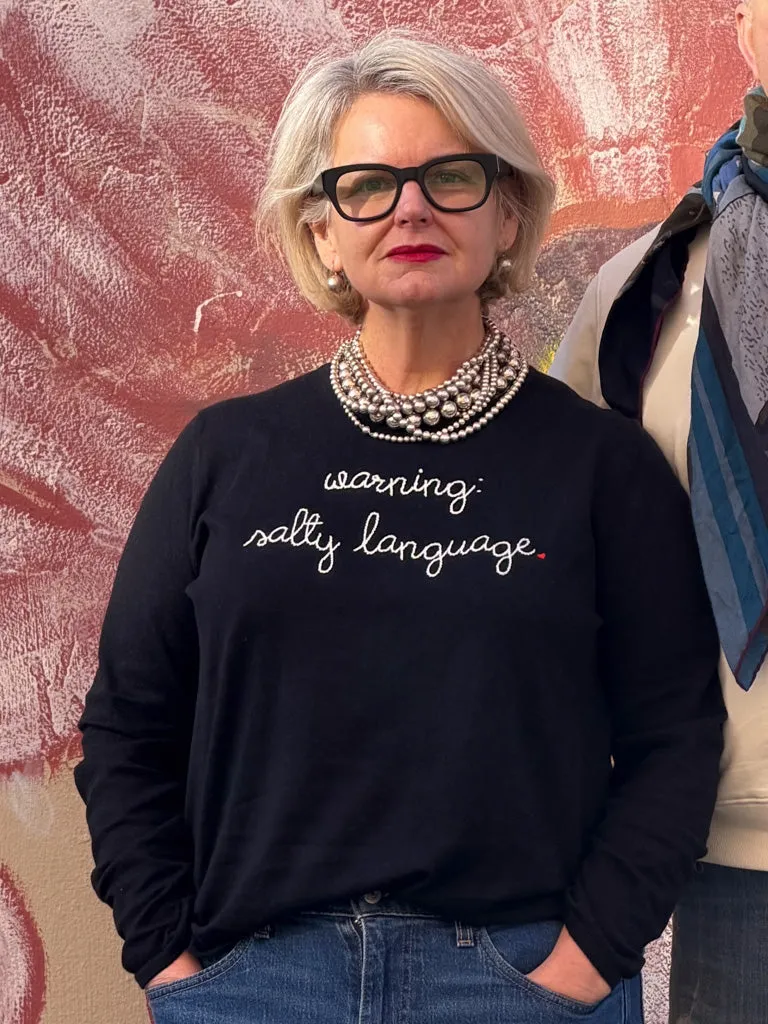 "warning: salty language" Mara Crewneck sold by Lingua Franca NYC product image thumbnail 3