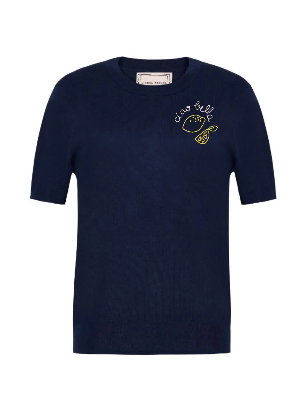 "ciao bella" with lemons Silk Cashmere Short Sleeve Crewneck sold by Lingua Franca NYC product image thumbnail 4