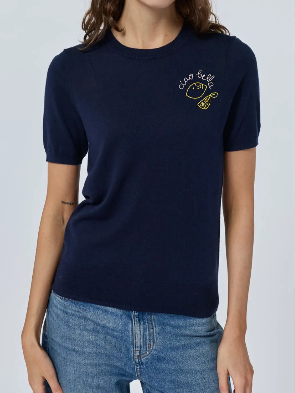 "ciao bella" with lemons Silk Cashmere Short Sleeve Crewneck sold by Lingua Franca NYC