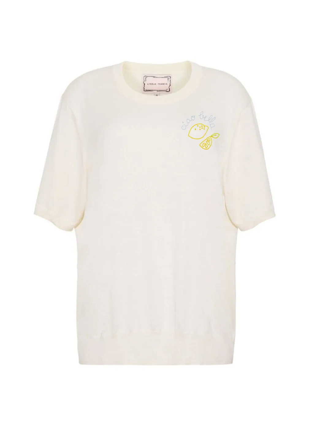 "ciao bella" with lemons Silk Cashmere Short Sleeve Crewneck sold by Lingua Franca NYC product image thumbnail 2