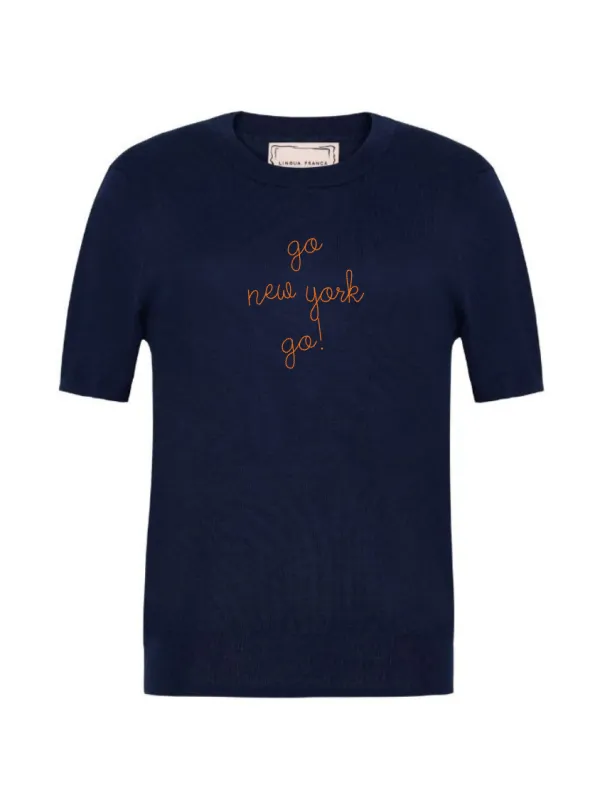 "go new york go!" Silk Cashmere Short Sleeve Crewneck made by Lingua Franca NYC