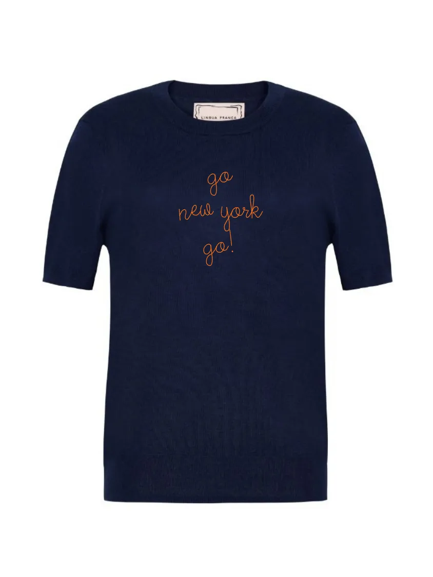 "go new york go!" Silk Cashmere Short Sleeve Crewneck sold by Lingua Franca NYC