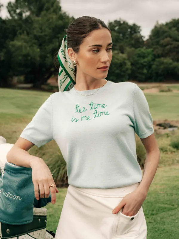 "tee time is me time" Silk Cashmere Short Sleeve Crewneck made by Lingua Franca NYC