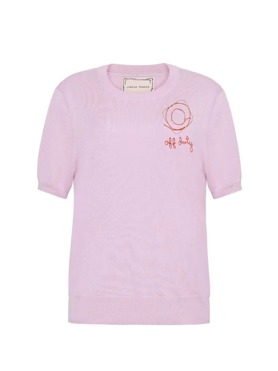 "off duty" Silk Cashmere Short Sleeve Crewneck sold by Lingua Franca NYC product image thumbnail 3