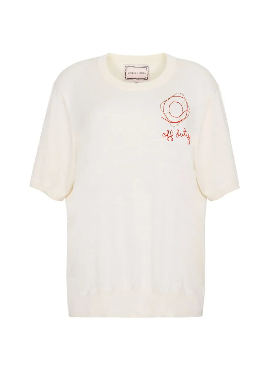 "off duty" Silk Cashmere Short Sleeve Crewneck sold by Lingua Franca NYC product image thumbnail 4