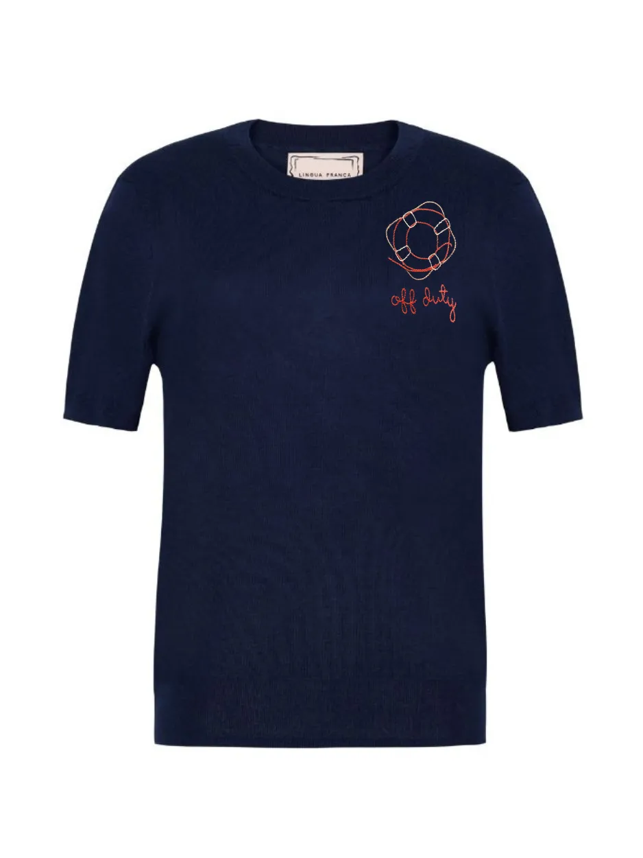 "off duty" Silk Cashmere Short Sleeve Crewneck sold by Lingua Franca NYC product image thumbnail 2
