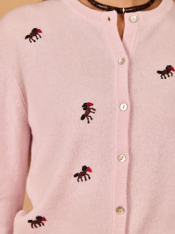 Horse Motif 100% Cashmere Classic Cardigan made by Lingua Franca NYC