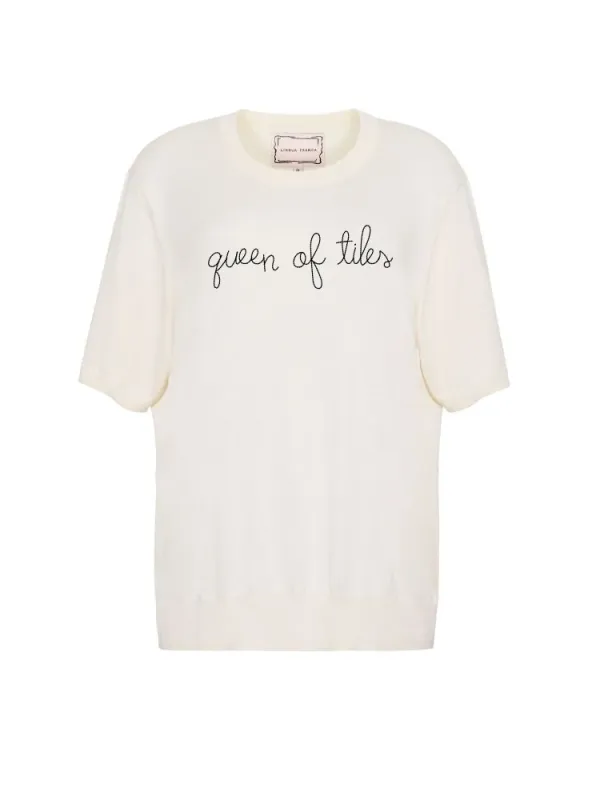 "queen of tiles" Silk Cashmere Short Sleeve Crewneck made by Lingua Franca NYC