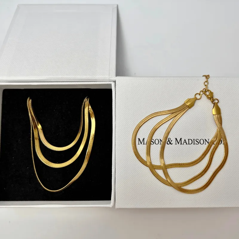 Gold Snake Chain Necklace Bracelet Bundle Set - Triple-Layered sold by Mason & Madison Co.
