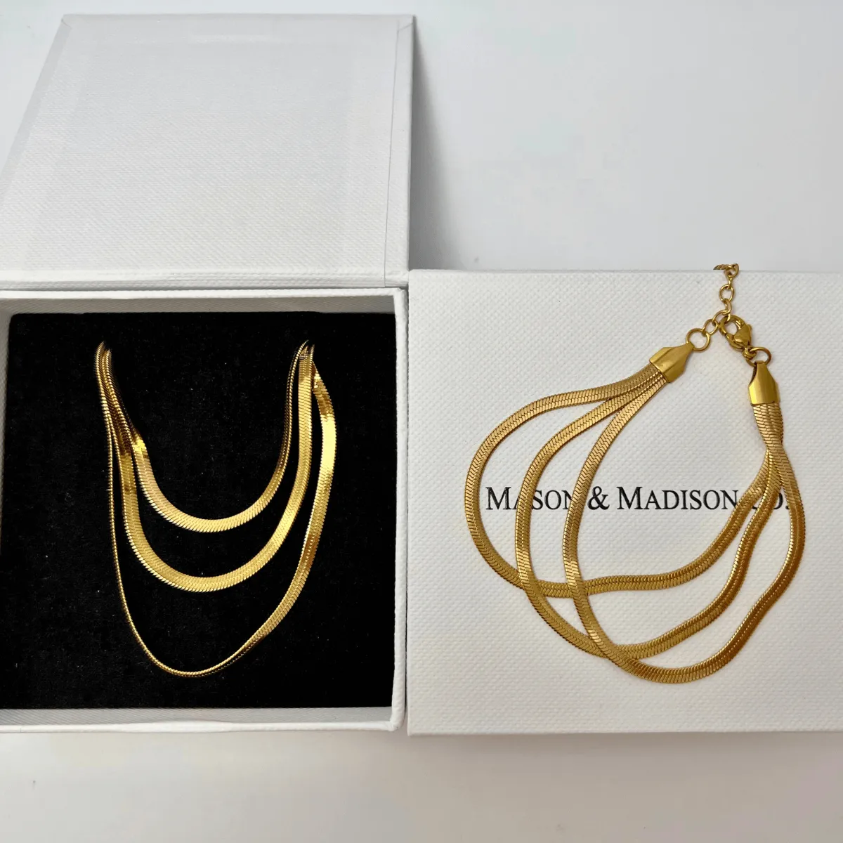 Gold Snake Chain Necklace Bracelet Bundle Set - Triple-Layered sold by Mason & Madison Co.