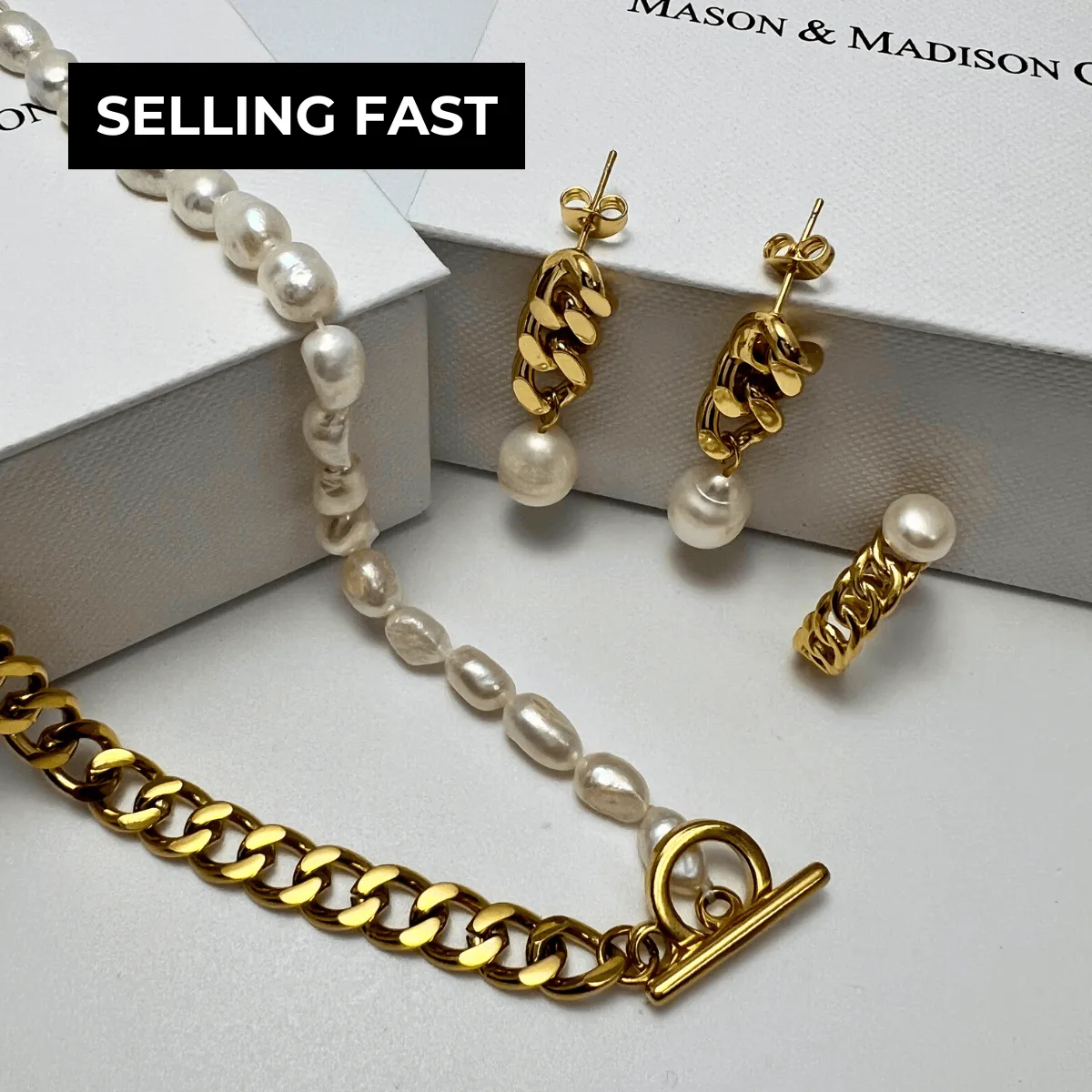 Pearl Chain Necklace Earrings Ring Bundle Set - MADISON PEARL DUET™ Elegance sold by Mason & Madison Co.