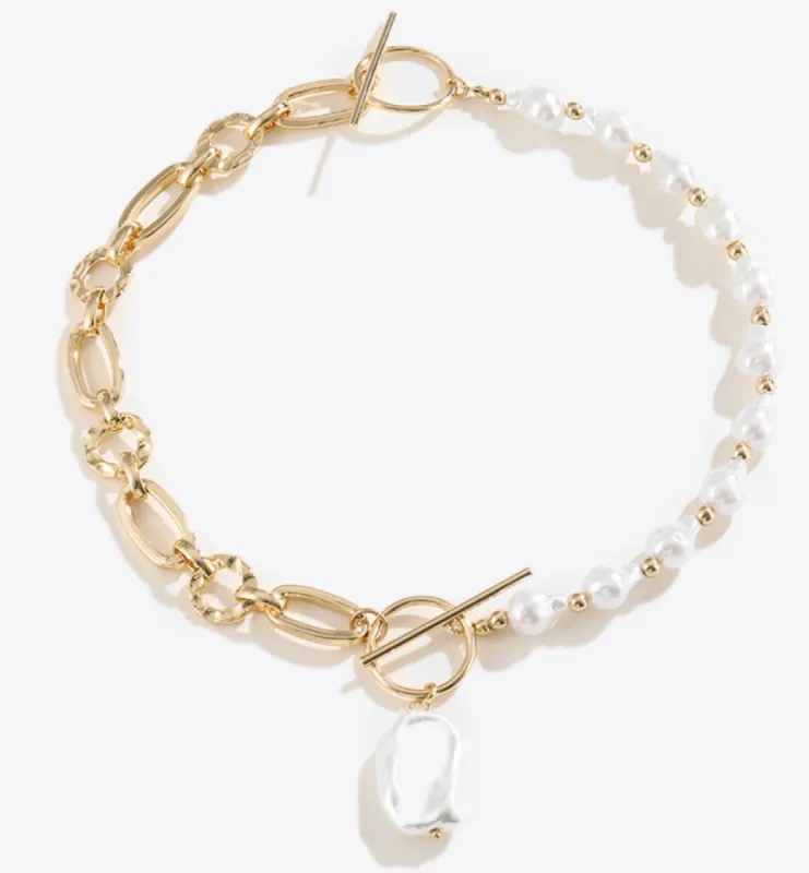 Half Pearl Chain with Organic Pearl Pendant Necklace sold by Mason & Madison Co.