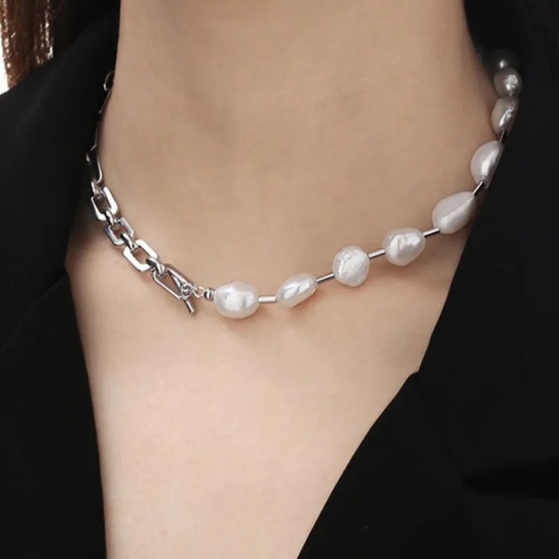 Half Silver Half Pearl Chain Necklace sold by Mason & Madison Co.