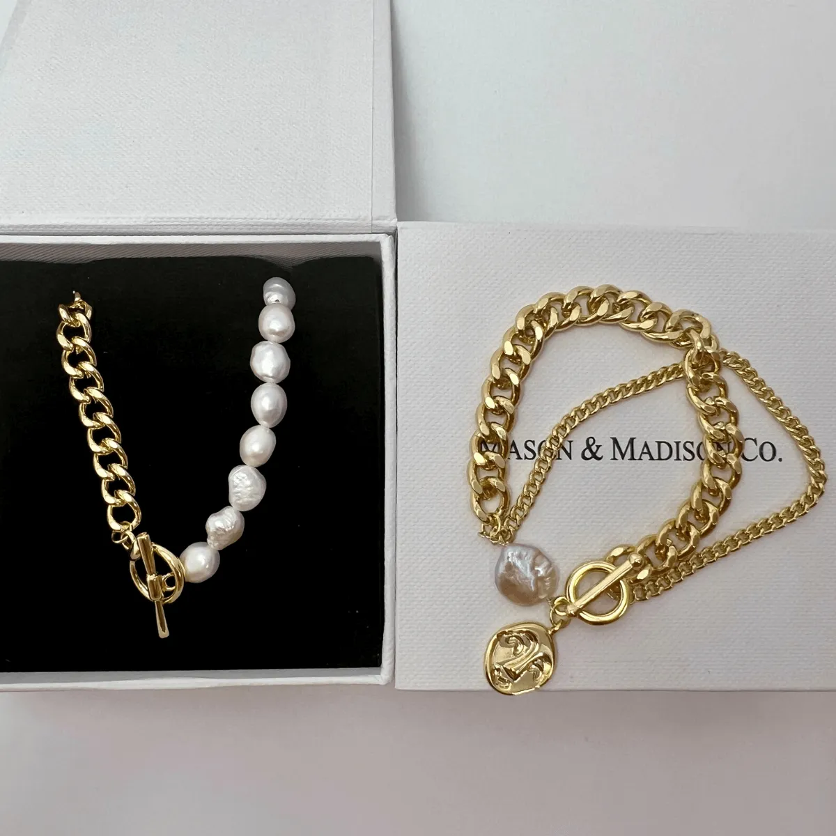 Pearl Chain Necklace Bracelet Bundle Set - MADISON PEARL DUET™ Classic sold by Mason & Madison Co.
