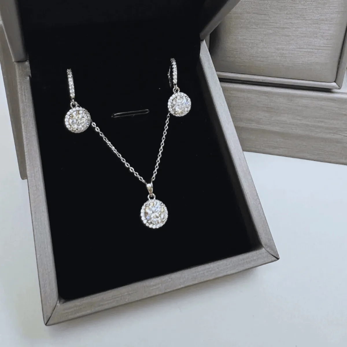 Diamond Pendant Necklace + Diamond Drop Earrings Jewelry Bundle Set - Perfect Round sold by Mason & Madison Co.