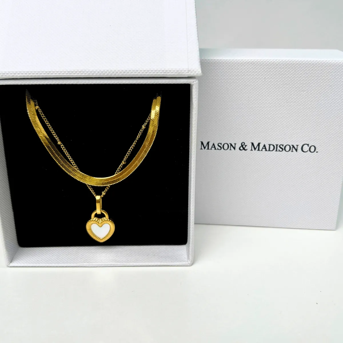 18K Gold Herringbone Chain + Heart Pearl Pendant Necklace Stack Bundle sold by Mason & Madison Co. product image thumbnail 2