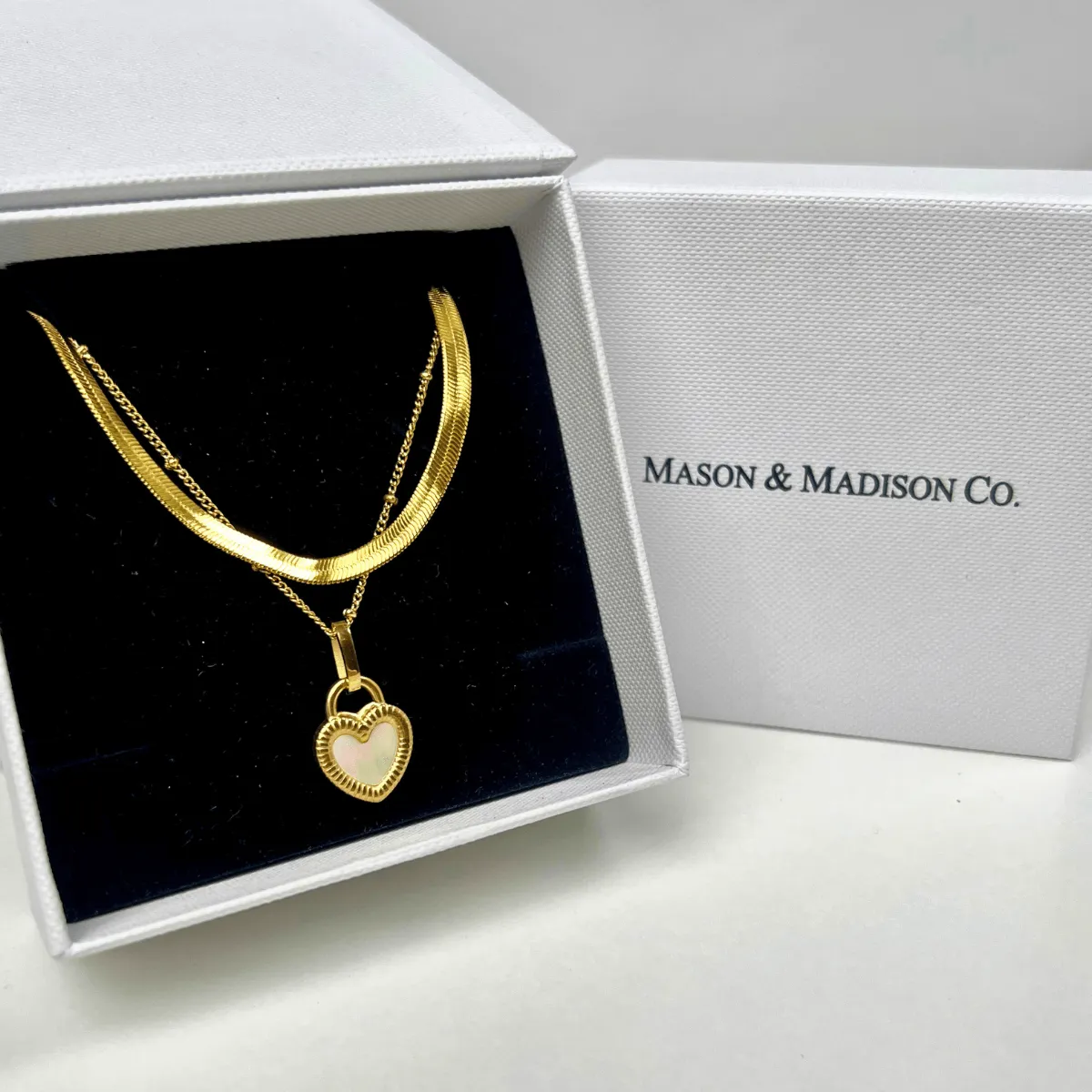 18K Gold Herringbone Chain + Heart Pearl Pendant Necklace Stack Bundle sold by Mason & Madison Co.