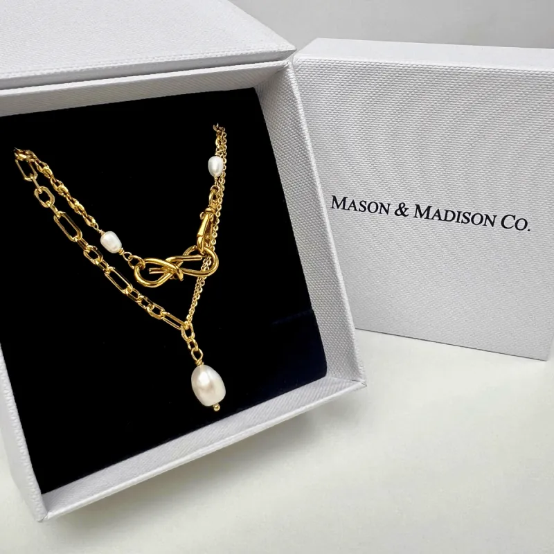 18K Gold Bow + Pearl Pendant Necklace Stack Bundle sold by Mason & Madison Co.