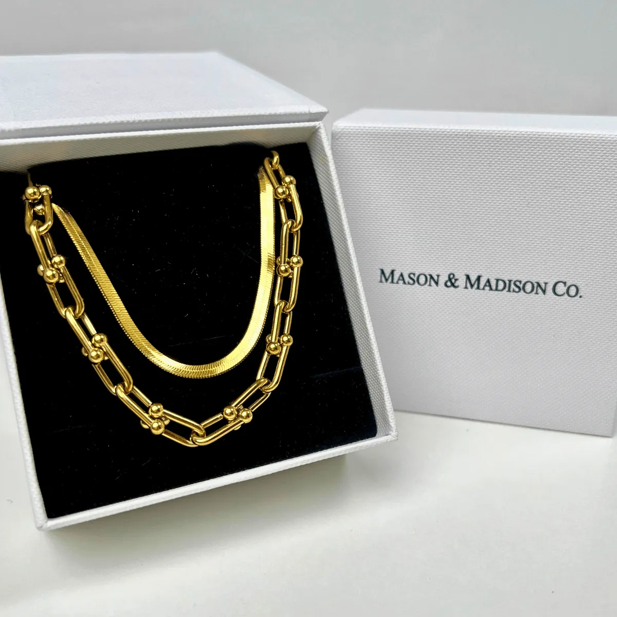 18K Gold Herringbone Chain + Link Chain Necklace Stack Bundle sold by Mason & Madison Co.