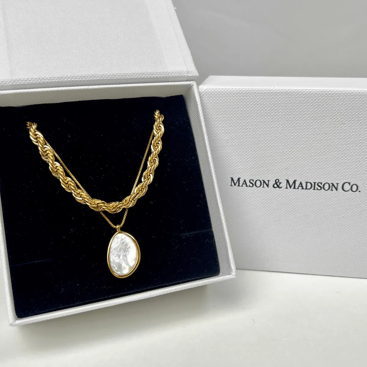 18K Gold Rope Chain + Oval Pearl Pendant Necklace Stack Bundle sold by Mason & Madison Co.