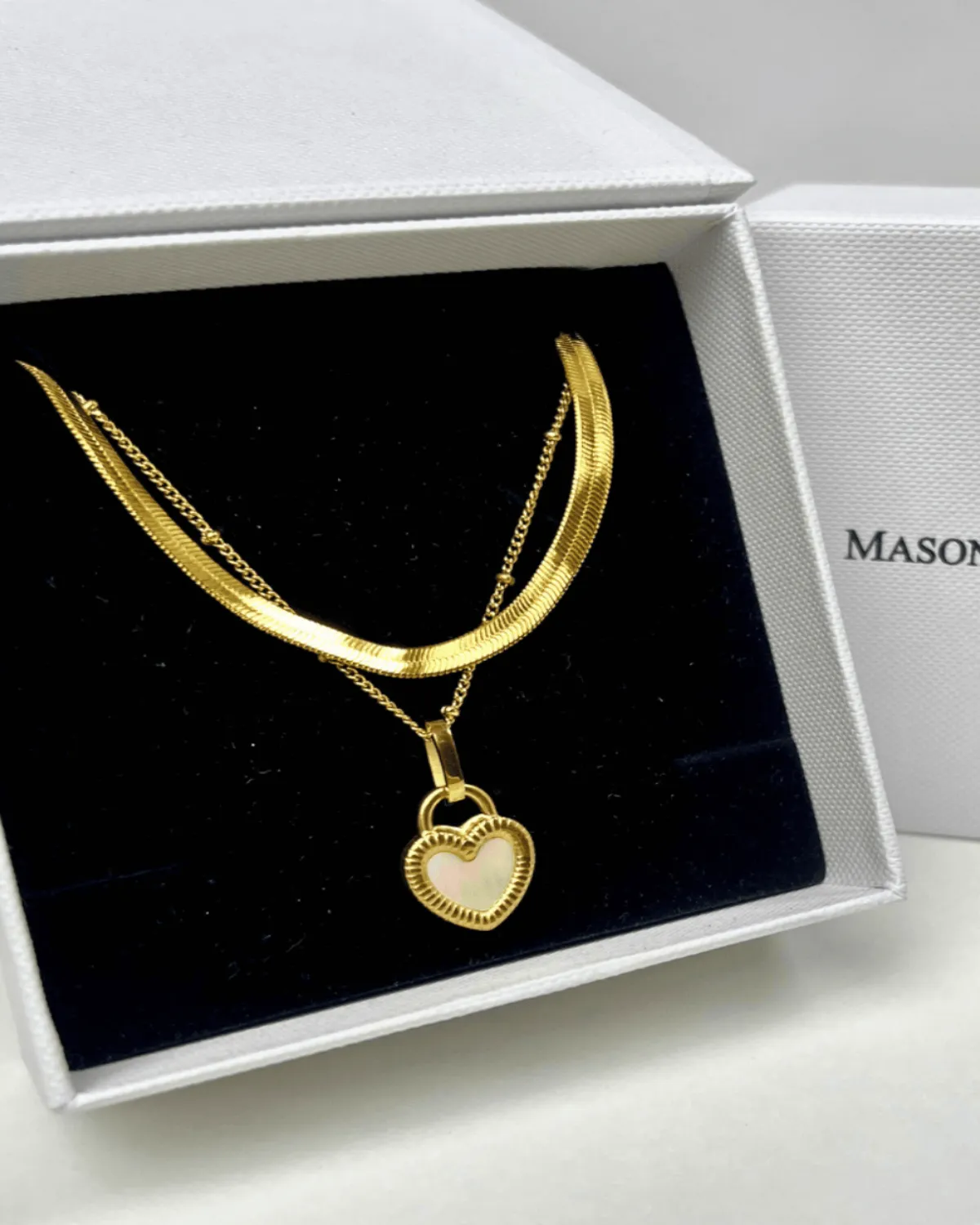 Best Trending Trendy Gold Herringbone Chain + Heart Pearl Pendant Necklace Stack Bundle Jewelry Gift on Sale for Women, Lady, Mother, Wife sold by Mason & Madison Co.