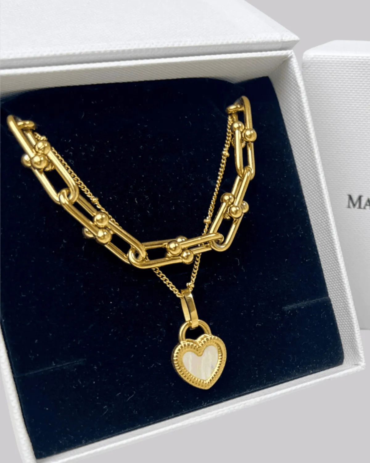 Best Trending Trendy Gold Link Chain + Heart Pearl Pendant Necklace Stack Bundle Jewelry Gift on Sale for Women, Lady, Mother, Wife sold by Mason & Madison Co.