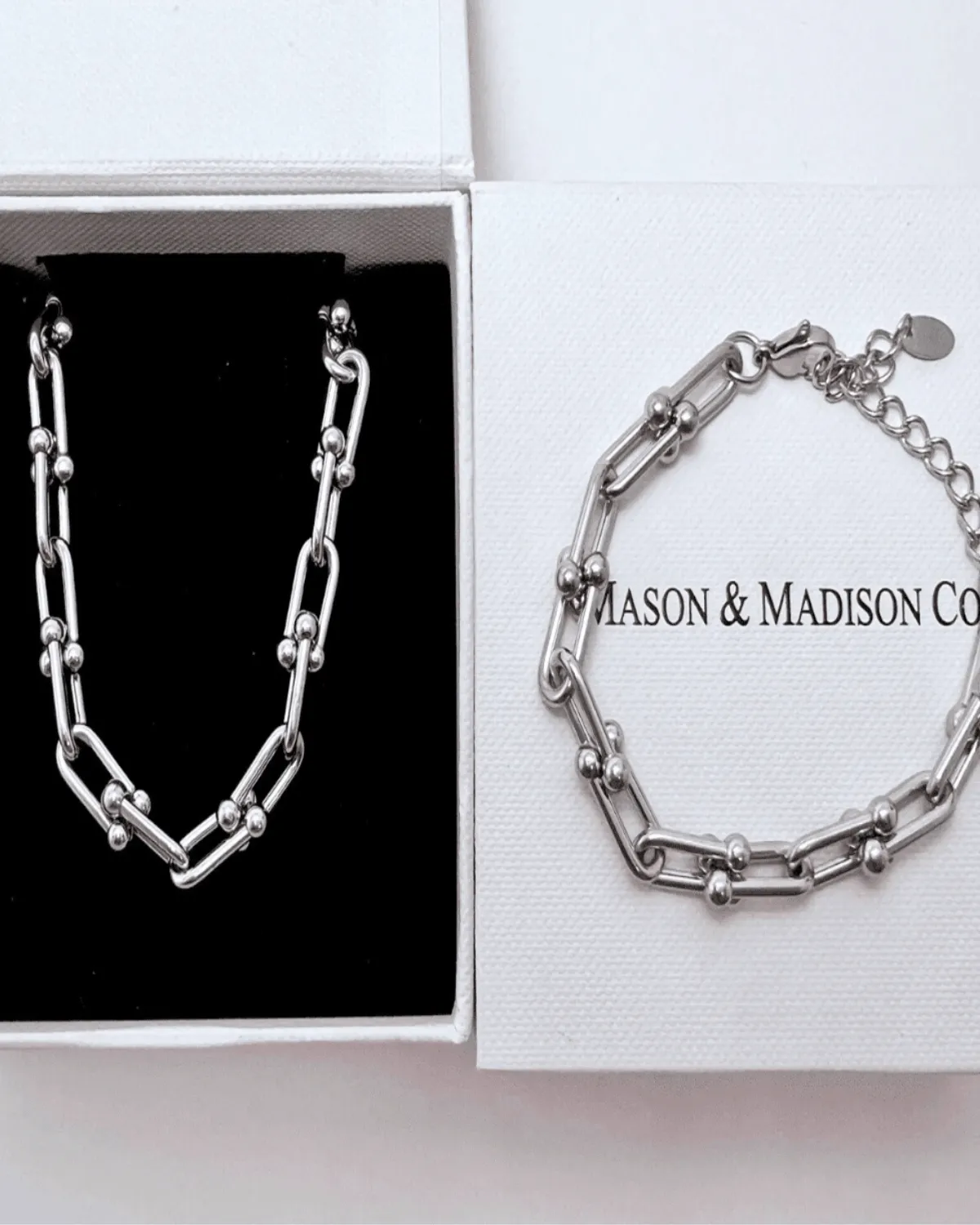 Best Trending Trendy Silver Link Chain Necklace Bracelet Bundle Set Jewelry Gift on Sale for Women, Lady, Mother, Wife sold by Mason & Madison Co.