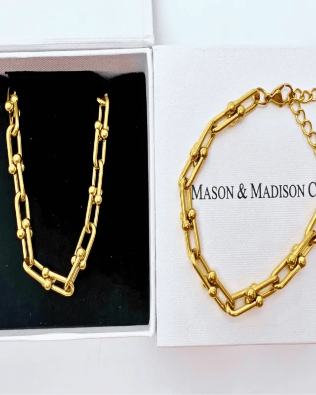 18K Gold Link Chain Necklace Bracelet Bundle Set sold by Mason & Madison Co.