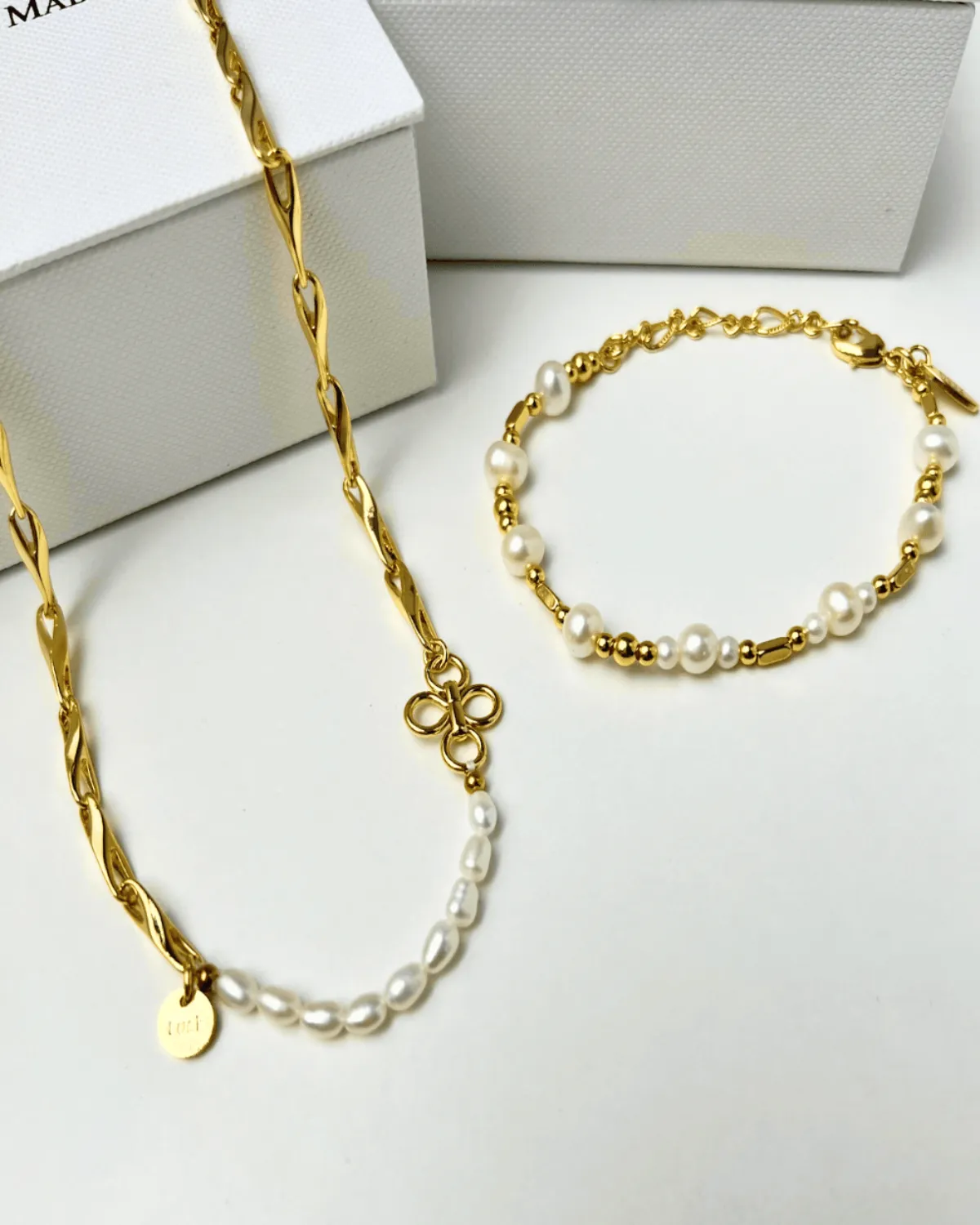 18K Pearl Chain Necklace Bracelet Bundle Set sold by Mason & Madison Co.