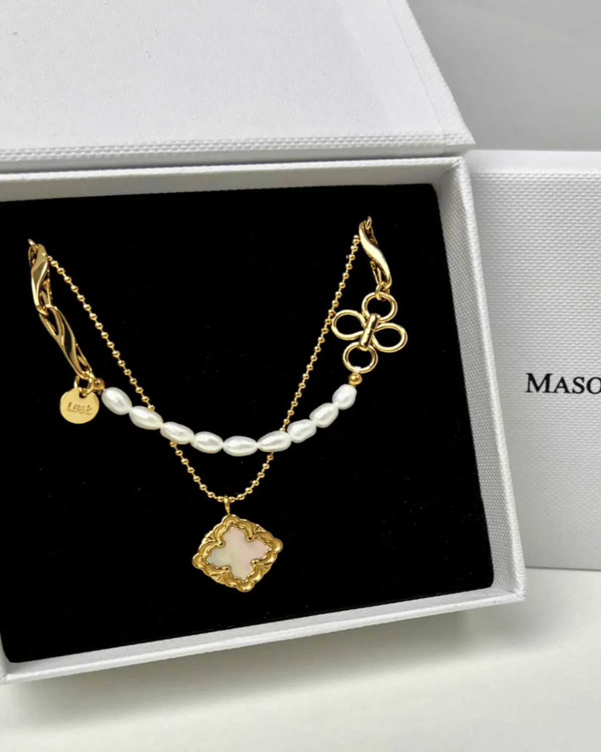 18K Gold Pearl Chain + Shell Pendant Necklace Stack Bundle sold by Mason & Madison Co.