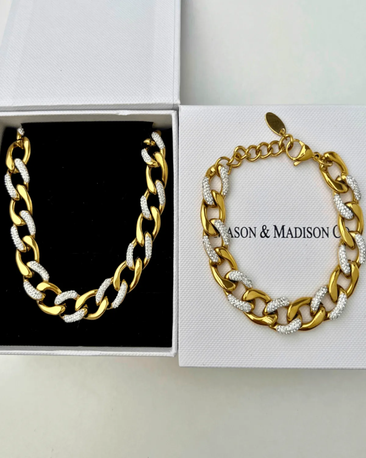 18K Diamond Gold Chunky Chain Necklace Bracelet Bundle Set sold by Mason & Madison Co.