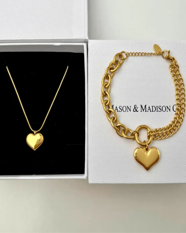 18K Gold Heart Necklace Bracelet Jewelry Bundle Set sold by Mason & Madison Co.