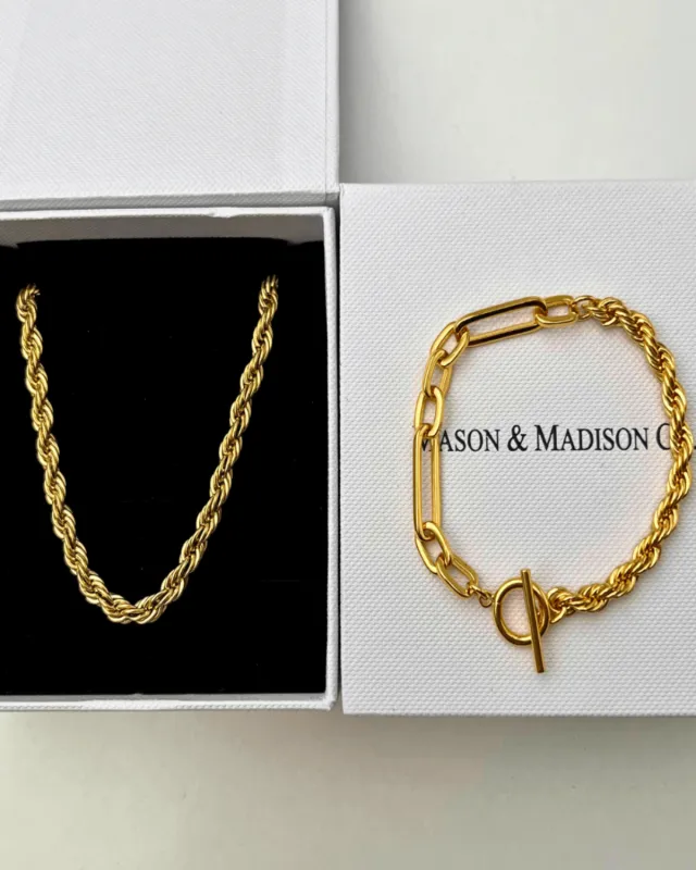 18K Gold Rope Chain Necklace Bracelet Bundle Set sold by Mason & Madison Co.