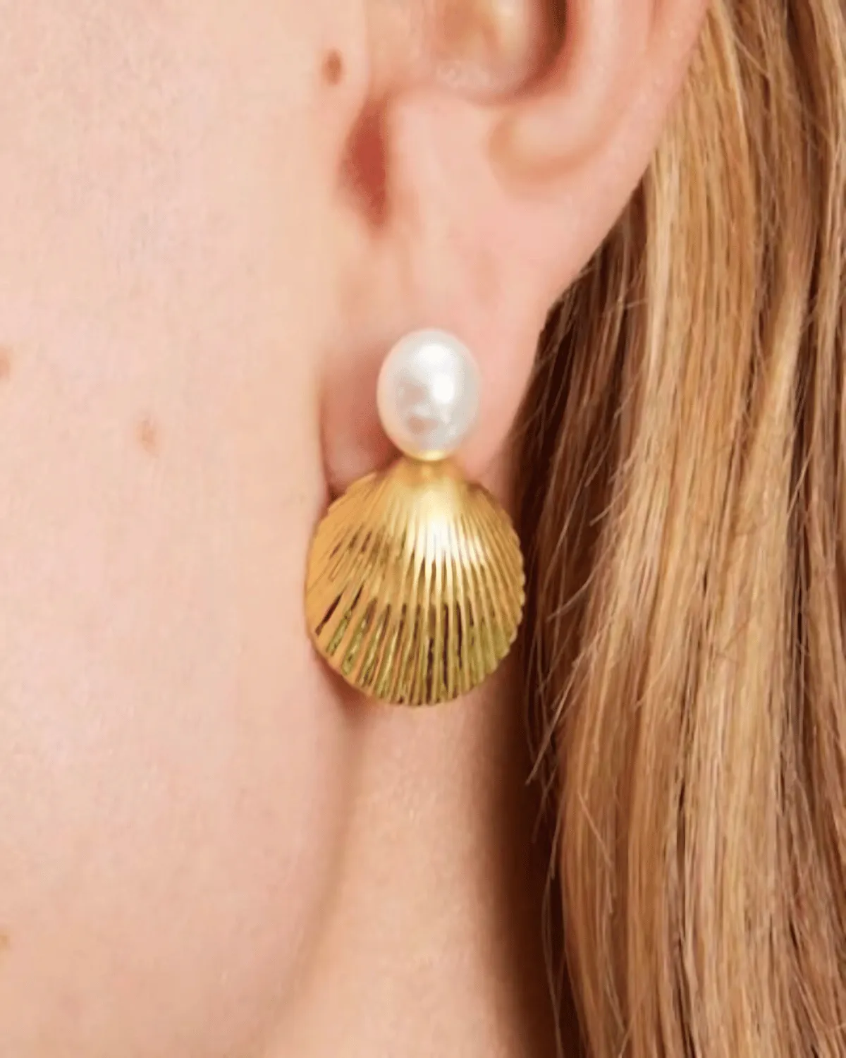 18K Gold Shell Stud Earrings with Pearl sold by Mason & Madison Co.
