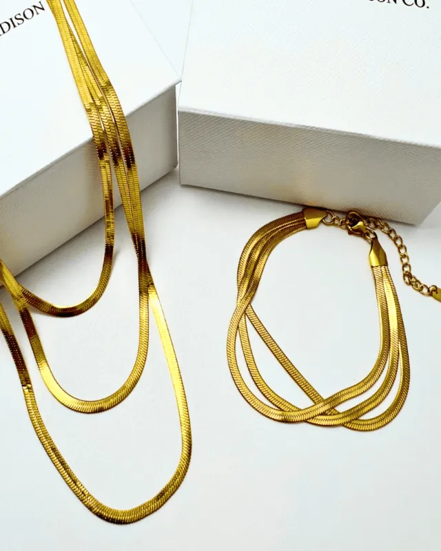 18K Gold Layered Snake Chain Necklace Bracelet Bundle Set - Triple sold by Mason & Madison Co.