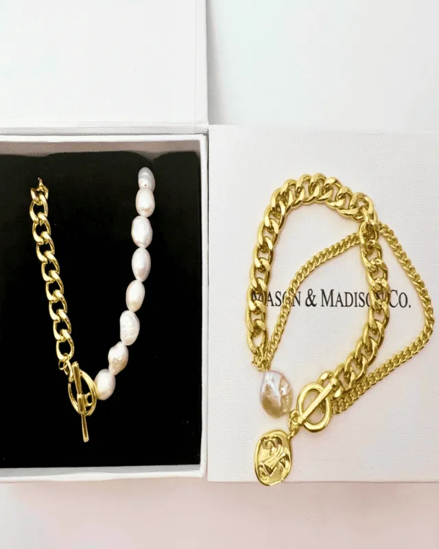 18K Pearl Chain Necklace Bracelet Bundle Set - MADISON PEARL DUET™ Classic sold by Mason & Madison Co.
