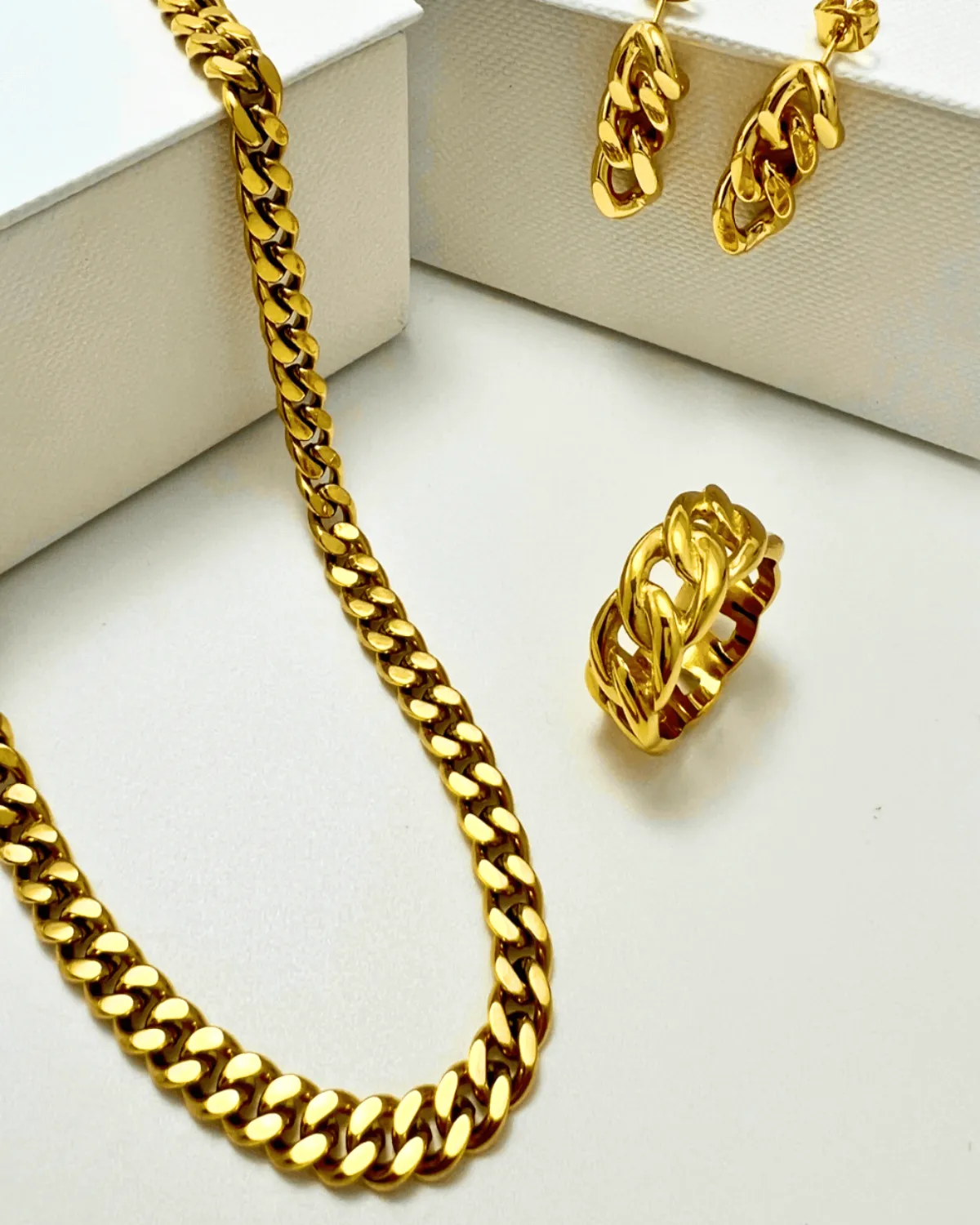 18K Gold Cable Chain Necklace Earrings Ring Bundle Set sold by Mason & Madison Co.