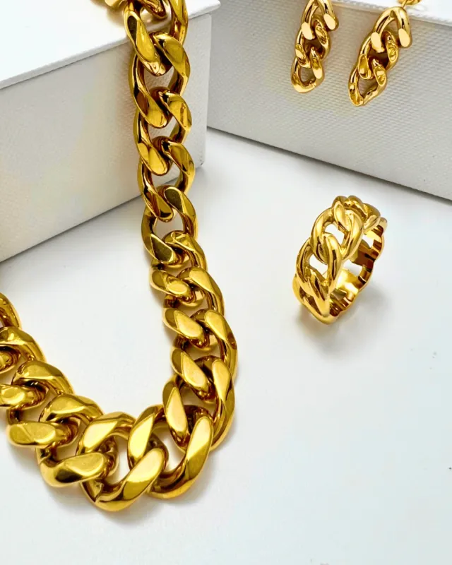18K Gold Chunky Chain Necklace Ring Earrings Bundle Set - MASON CHUNKY CHAIN™ sold by Mason & Madison Co.