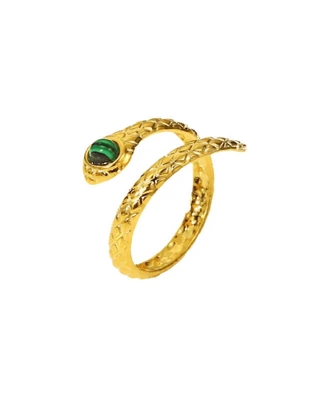 18K Gold Snake Ring with Bypass Malachite sold by Mason & Madison Co.