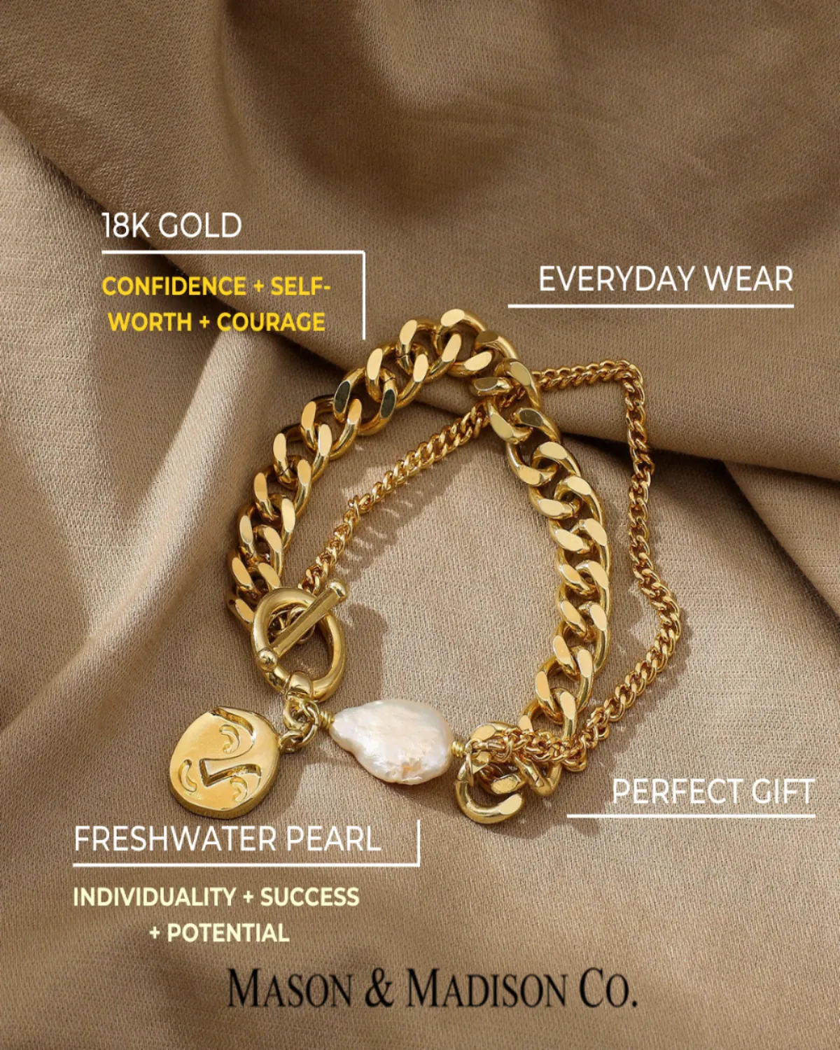 18K Gold Chain Bracelet with Pearl - MADISON PEARL DUET™ sold by Mason & Madison Co. product image thumbnail 3