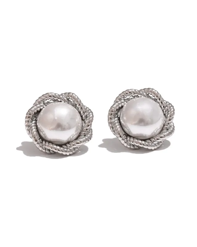 Pearl Stud Earrings - Silver Round Flower sold by Mason & Madison Co.