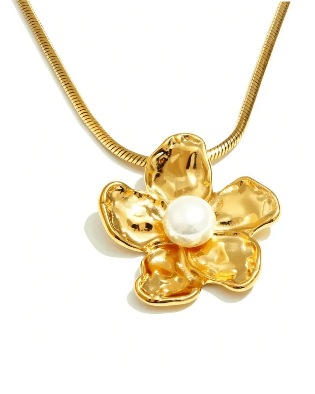 18K Gold Flower Pendant Necklace with Pearl sold by Mason & Madison Co.