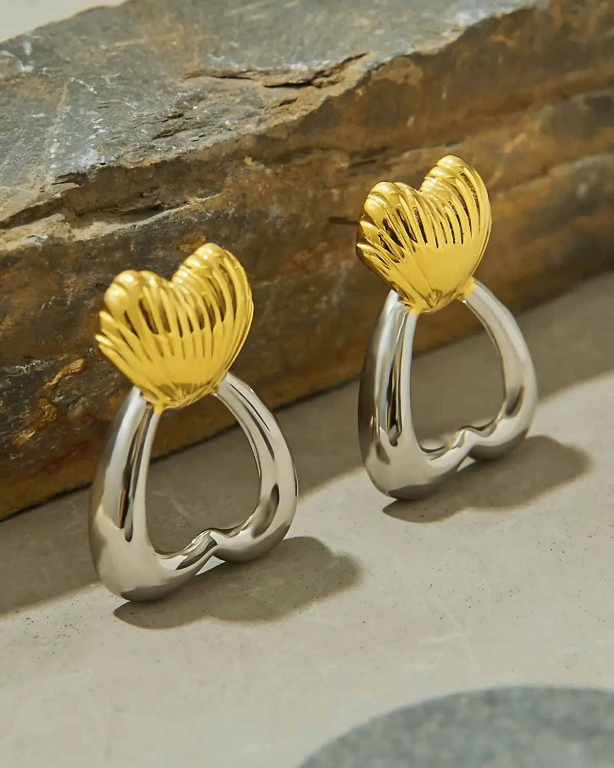 18K Gold Silver Two-Tone Heart Stud Earrings sold by Mason & Madison Co. product image thumbnail 4