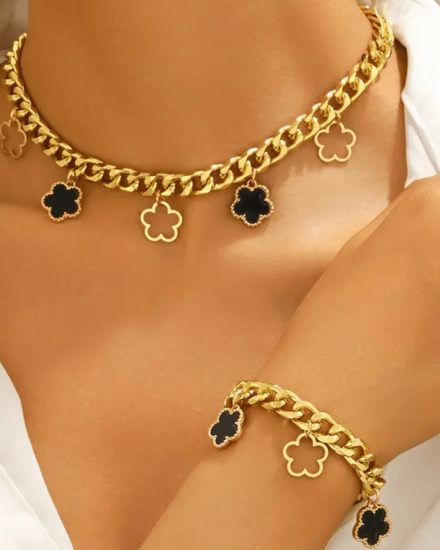 18K Gold Clover Charms Necklace Bracelet Bundle Set - MASON CHUNKY CHAIN™ sold by Mason & Madison Co.