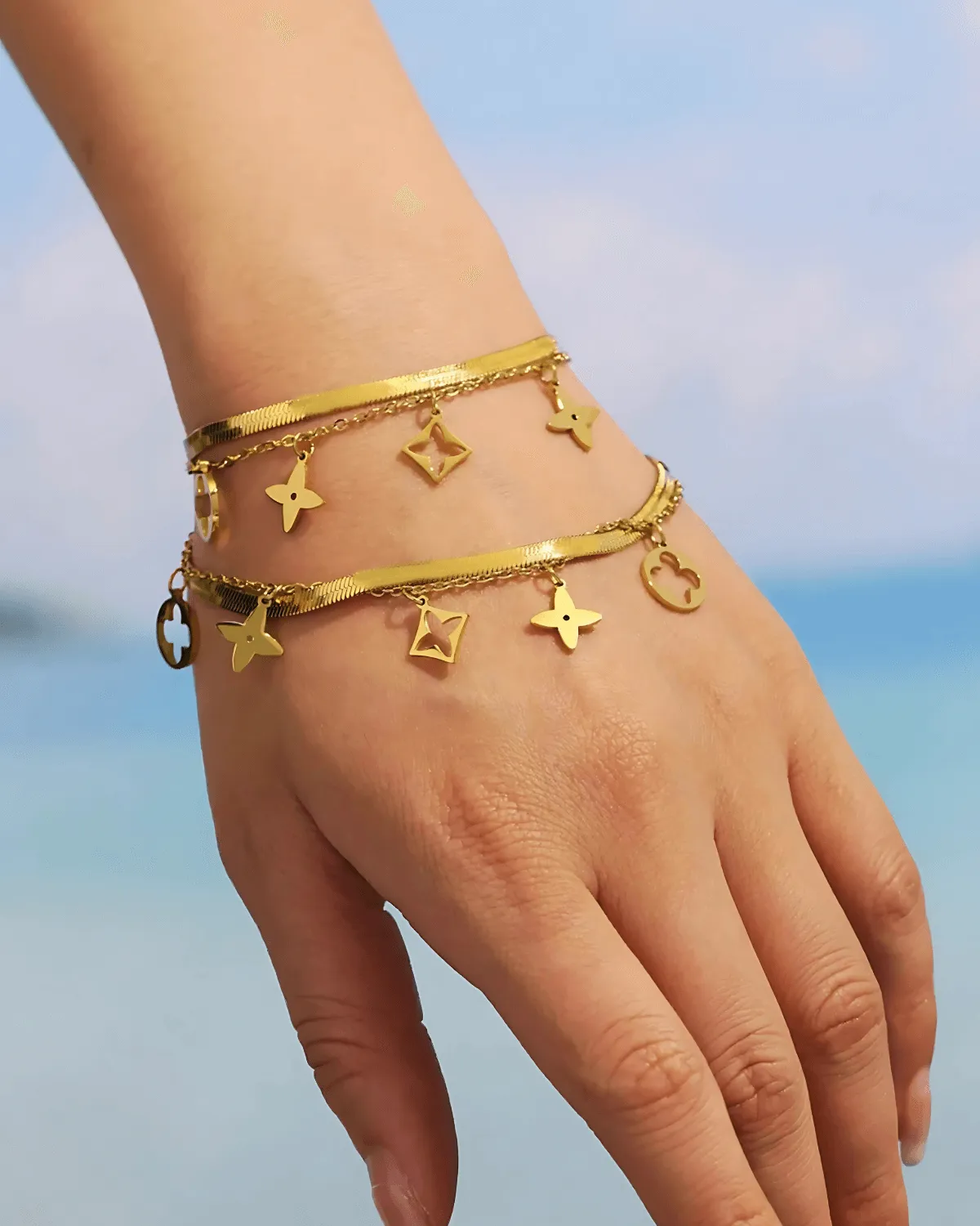 18K Gold Herringbone Snake Chain Layered Necklace Bracelet Bundle Set - Star sold by Mason & Madison Co. product image thumbnail 3