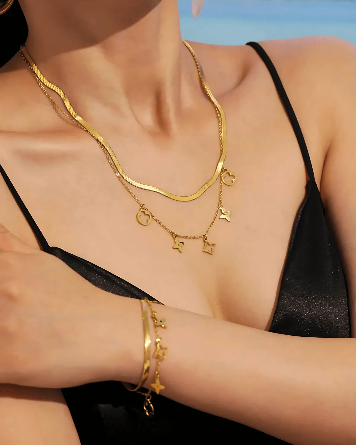 18K Gold Herringbone Snake Chain Layered Necklace Bracelet Bundle Set - Star sold by Mason & Madison Co.