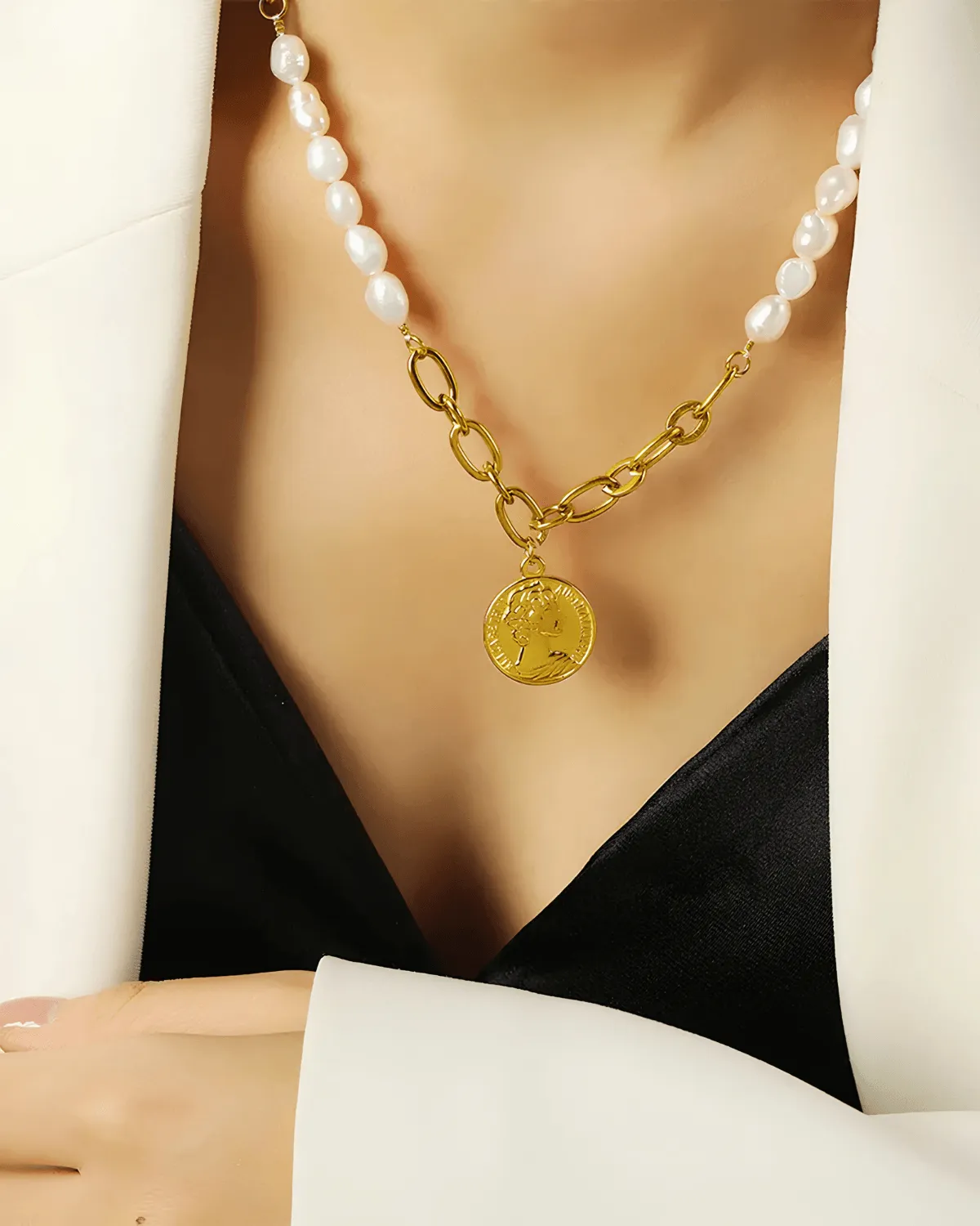18K Gold Pendant Pearl Chain Necklace sold by Mason & Madison Co.