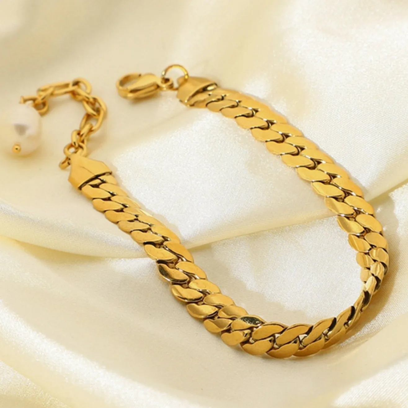 Gold Chain Bracelet with Pearl - Thick Curb sold by Mason & Madison Co. product image thumbnail 5